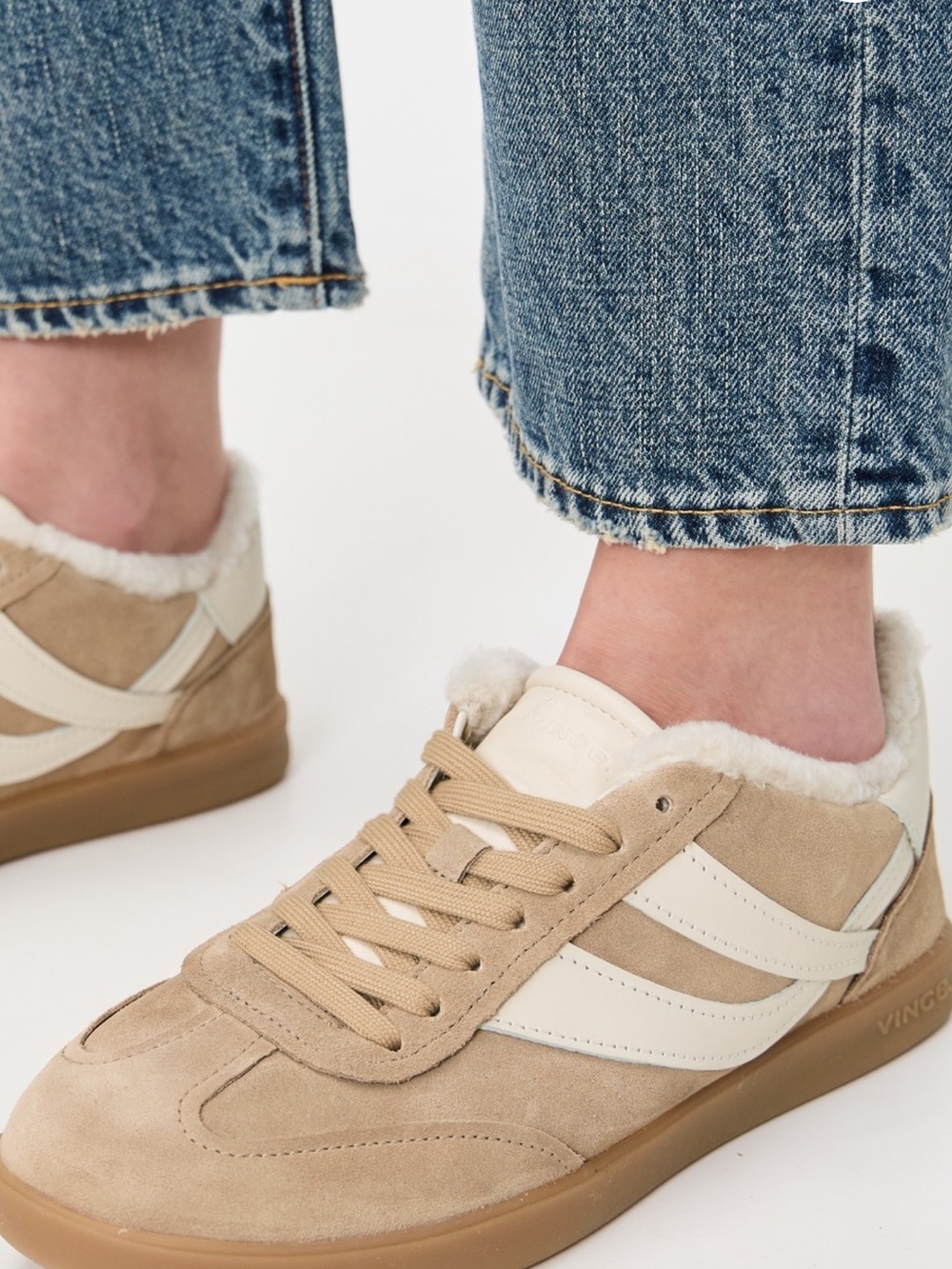 Vince Beige Suede & Cream Shearling-Trim Sneaker